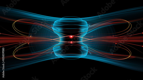Abstract magnetic field visualization with glowing lines and arrows representing the flow of magnetic force around a central object in a dark, empty space. 