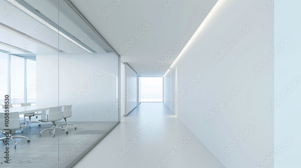 A modern office corridor or hallway with empty space above the white wall and a view of the meeting room. A modern office corridor or hallway with empty space above the white wall and a view of the meeting room.