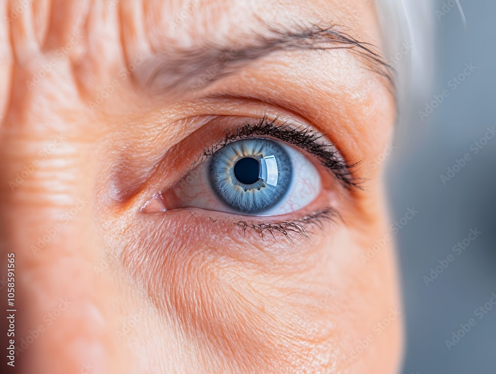Fototapeta premium A close-up of an elderly person's blue eye, showcasing fine lines and a thoughtful expression against a softly blurred background.