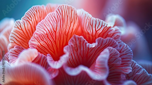 Macro close-up of a vibrant red striped flower coral, highlighting its intricate details and textures. This image captures the beauty of flower coral with ample copy space.