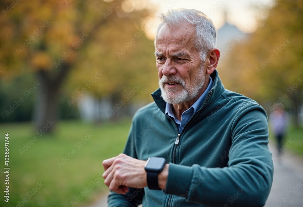 Active Senior Monitoring Health Metrics During Autumn Park Exercise Active Senior Monitoring Health Metrics During Autumn Park Exercise
