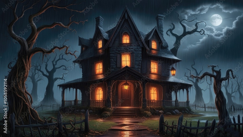 Spooky victorian house surrounded by bare trees at night Spooky victorian house surrounded by bare trees at night