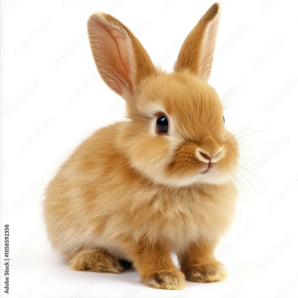 Fluffy golden rabbit sitting calmly on a bright white background in a cozy atmosphere Fluffy golden rabbit sitting calmly on a bright white background in a cozy atmosphere