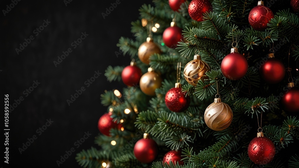 A beautifully decorated Christmas tree adorned with red ornaments and glowing lights stands in a snowy forest at dusk A beautifully decorated Christmas tree adorned with red ornaments and glowing lights stands in a snowy forest at dusk