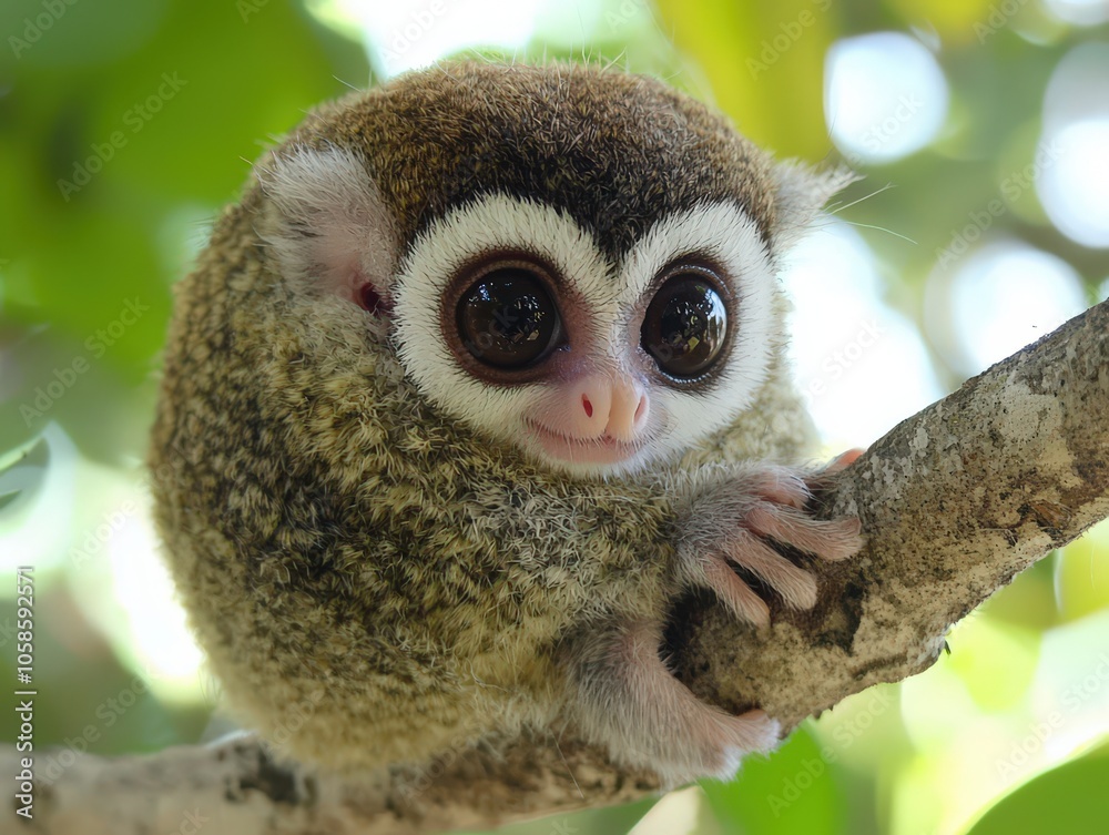 Obraz premium Adorable small monkey perched on a branch in a lush tropical forest under soft sunlight