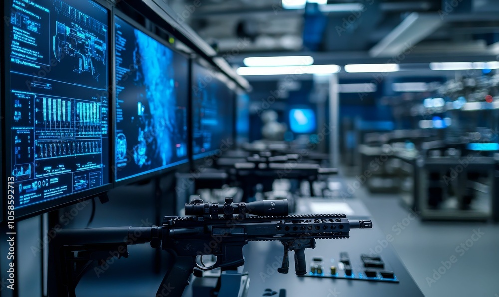 A rifle sits on a table in front of computer A rifle sits on a table in front of computer