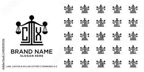Set of justice, pillar, and law logo design initial c combined with letter a to z