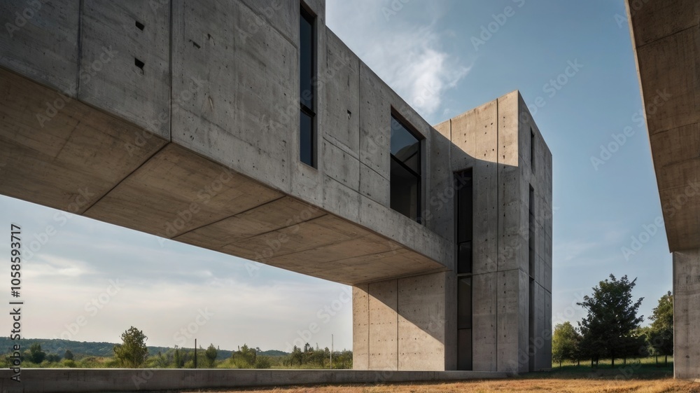 Modern Concrete Gray Building Structure with Open View. Minimalistic Urban Architecture City Modern Concrete Gray Building Structure with Open View. Minimalistic Urban Architecture City