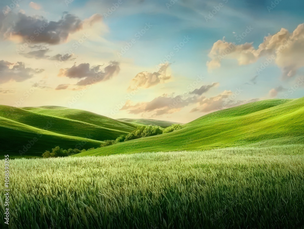 Obraz premium Vast green hills under a colorful sky at sunset, showcasing nature's serene beauty