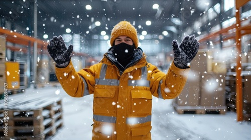 Snowy workplace a worker in winter gear amidst a snowy warehouse environment