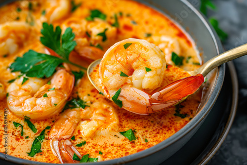 Spoon lifting a shrimp from a delicious moqueca, a traditional brazilian seafood stew with coconut milk, tomatoes, onions, garlic and cilantro