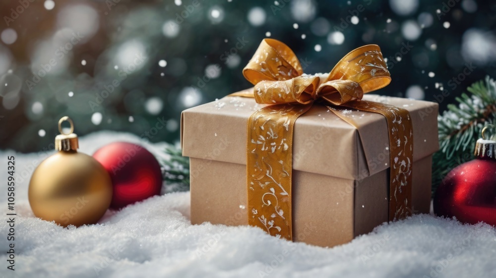 A beautifully wrapped gift box adorned with a color ribbon sits on a snowy surface alongside festive ornaments and evergreen branches during the holiday season A beautifully wrapped gift box adorned with a color ribbon sits on a snowy surface alongside festive ornaments and evergreen branches during the holiday season