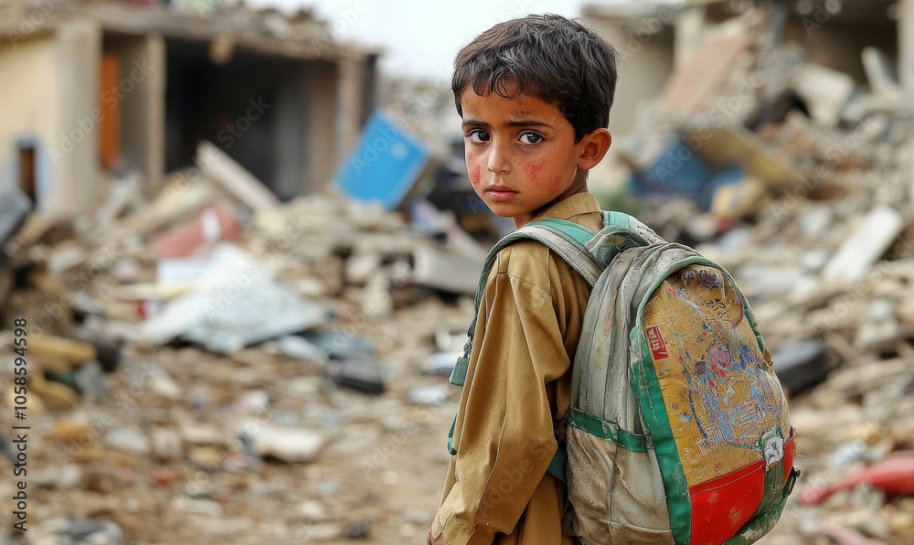 Young boy with backpack in war-torn area.