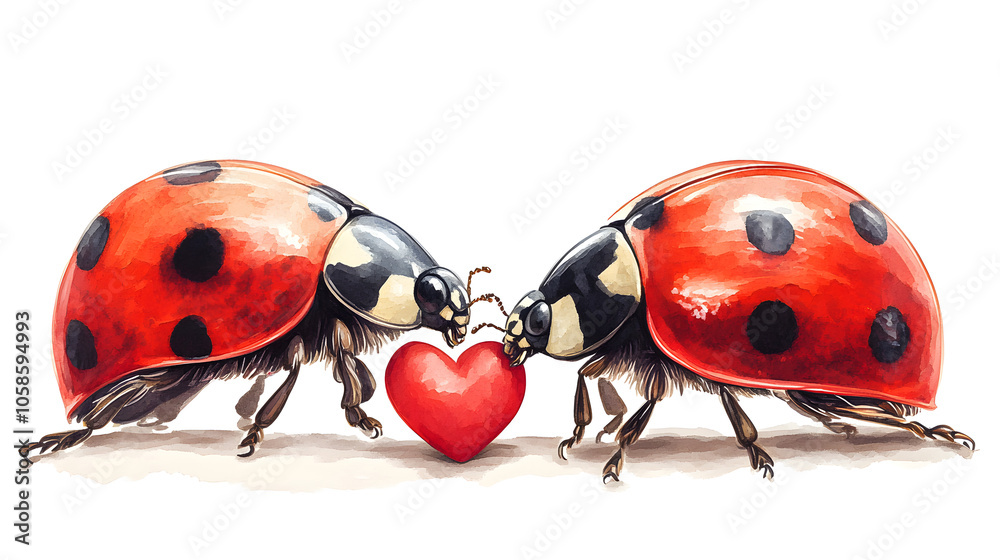 Fototapeta premium Two ladybugs face each other with antennae touching a red heart shape, symbolizing love and connection in a charming and romantic nature scene