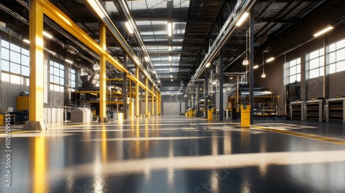 Bright Industrial Factory Interior with Exposed Beams