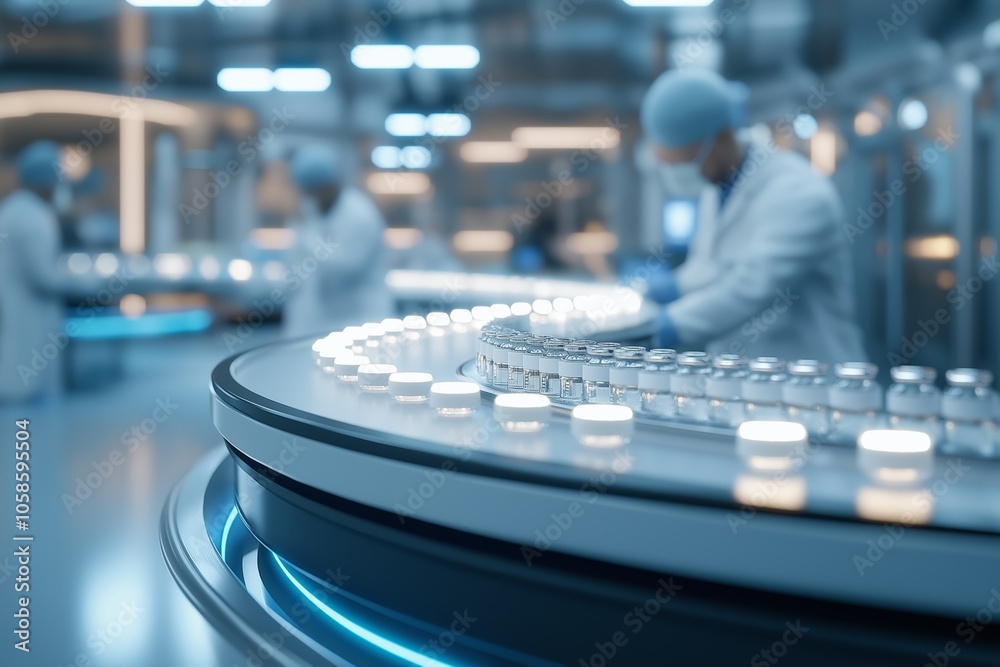 AA high-tech factory production line with workers in lab coats, a conveyor belt filled with white vials of liquid and coins, clean bright lighting, and modern design elements, in a wide shot AA high-tech factory production line with workers in lab coats, a conveyor belt filled with white vials of liquid and coins, clean bright lighting, and modern design elements, in a wide shot