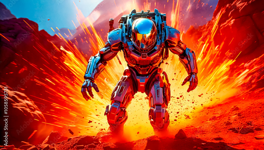 Astronaut in armored, robotic spacesuit in action on planet surface, Starship troopers, space exploration, galaxy study mission, space science. Explosion, unfriendly planet, space war, robot astronaut Astronaut in armored, robotic spacesuit in action on planet surface, Starship troopers, space exploration, galaxy study mission, space science. Explosion, unfriendly planet, space war, robot astronaut
