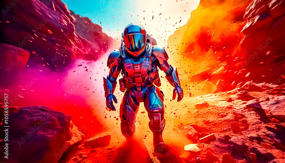 Astronaut in armored, robotic spacesuit in action on planet surface, Starship troopers, space exploration, galaxy study mission, space science. Explosion, unfriendly planet, space war, robot astronaut Astronaut in armored, robotic spacesuit in action on planet surface, Starship troopers, space exploration, galaxy study mission, space science. Explosion, unfriendly planet, space war, robot astronaut