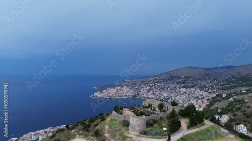 Lekuresi castle ruin Kajala e Lëkurësit Saranda Albania city aerial view photo