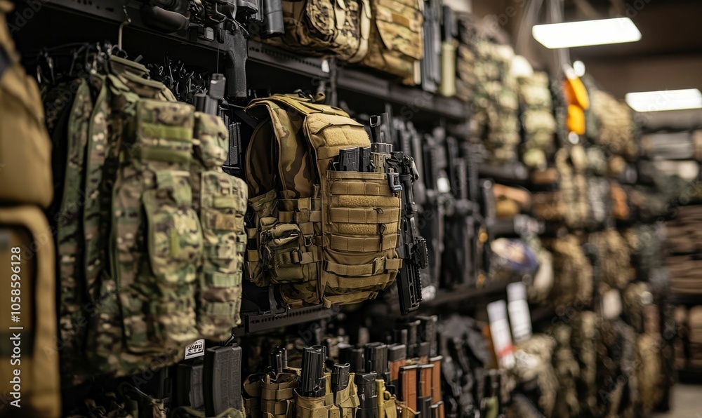 Camouflage tactical vests and gear on display. Camouflage tactical vests and gear on display.