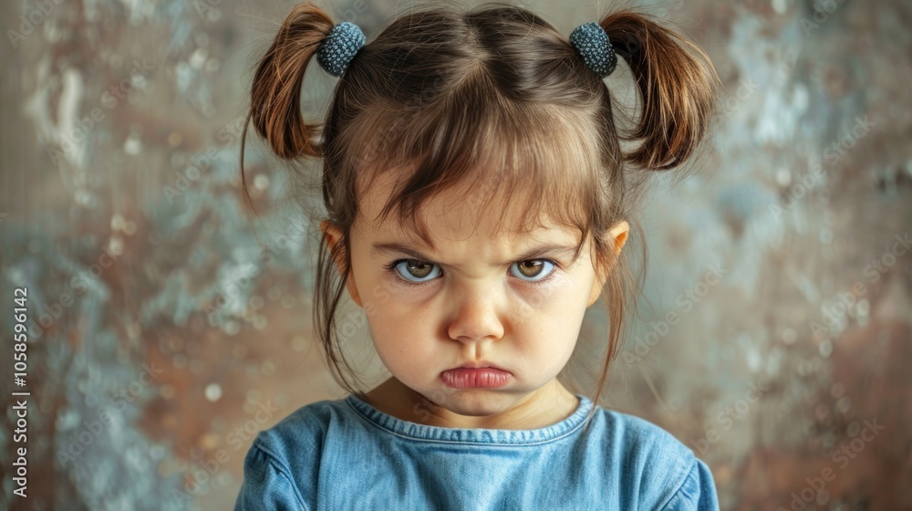 Beautiful child girl with annoyed facial expression looking at camera with, AI generated image