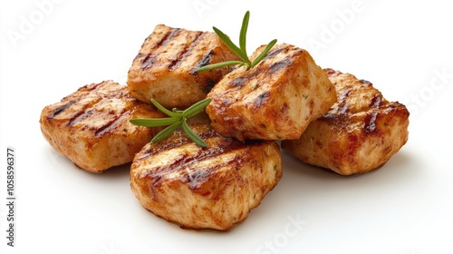 Grilled chicken nuggets isolated against a white background create an appealing image ideal for culinary presentations. The grilled chicken nuggets offer a delicious visual with ample copy space.