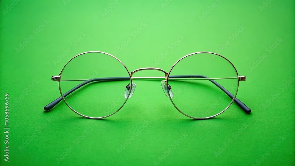 Round Metal Frame Glasses on Green Background - Minimalist Photography Round Metal Frame Glasses on Green Background - Minimalist Photography