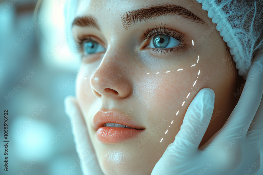 a woman undergoing a cosmetic consultation, her face marked with lines a woman undergoing a cosmetic consultation, her face marked with lines