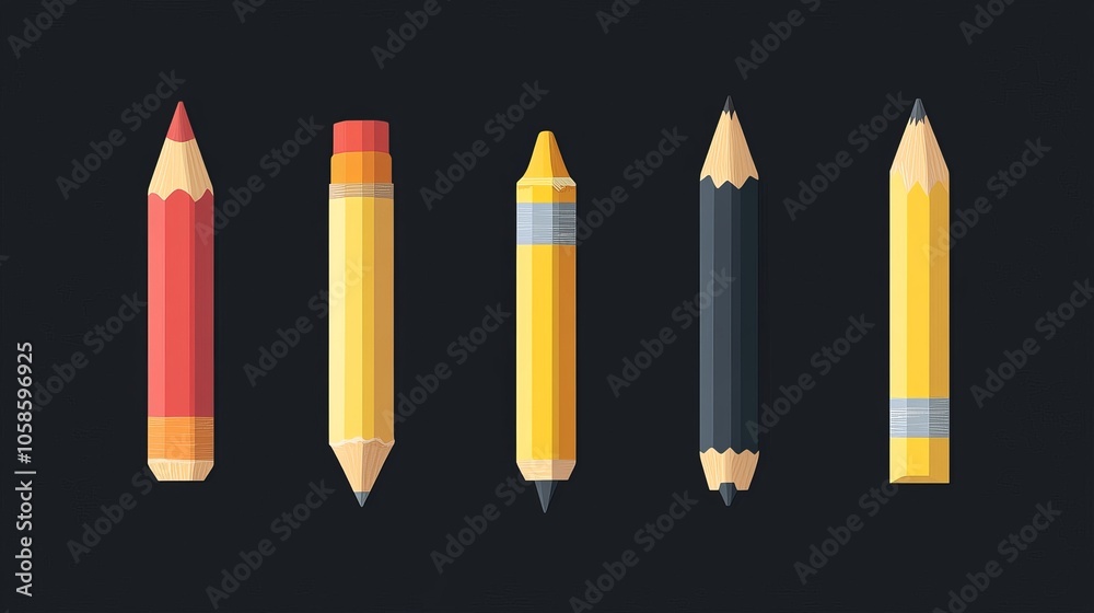 Pencil icon set for web or mobile design, representing editing or writing functions. Pencil icon set for web or mobile design, representing editing or writing functions.