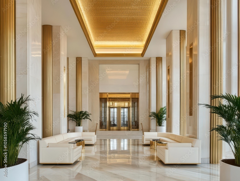 Elegant Art Deco Inspired Lobby Featuring Luxurious Gold Details and Timeless Design Elements Elegant Art Deco Inspired Lobby Featuring Luxurious Gold Details and Timeless Design Elements
