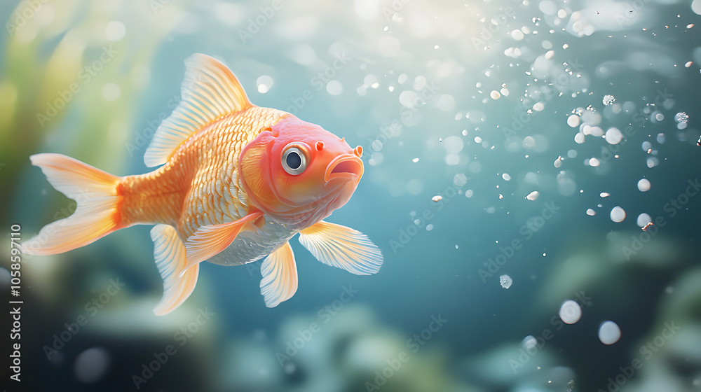 Vibrant golden fish swimming gracefully in clear waters with bubbles and lush underwater background Vibrant golden fish swimming gracefully in clear waters with bubbles and lush underwater background