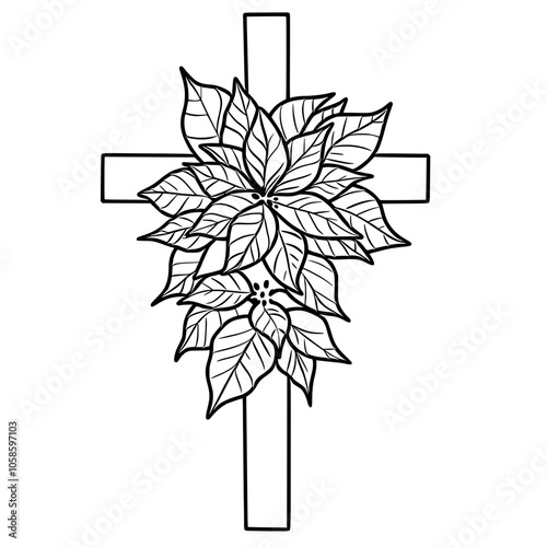 Cross decorated with poinsettia flowers Hand drawn Christmas Winter christianity religion graphic vector illustration isolated on white background color editable 