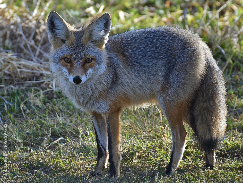 A curious gray fox explores a vibrant grassy field during the golden hour of late afternoon A curious gray fox explores a vibrant grassy field during the golden hour of late afternoon
