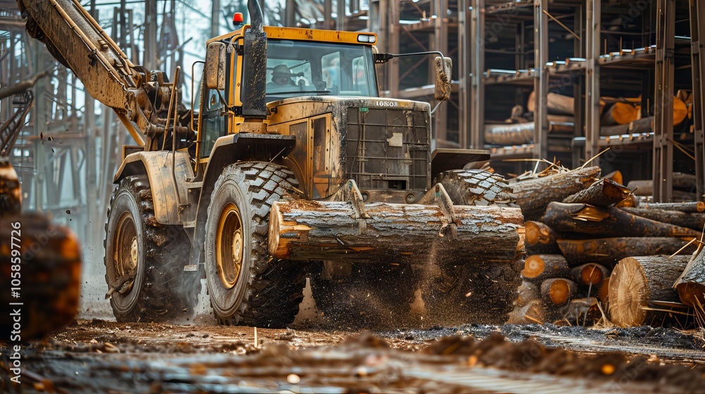 Heavy Machinery Moving Logs at a Lumber Mill Heavy Machinery Moving Logs at a Lumber Mill