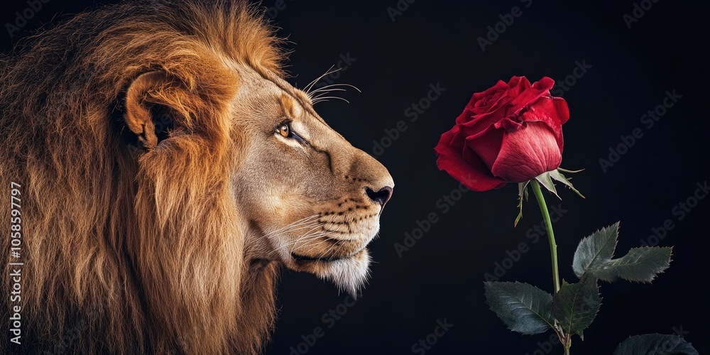 Naklejka premium A lion paired with a red rose represents the spirit of Valentines Day, embodying both strength and romance in a unique symbolic display of love and passion.