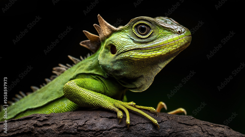 Obraz premium Close-up portrait of a green iguana with detailed scales and spiked crest, sitting on a brown branch against a black background.