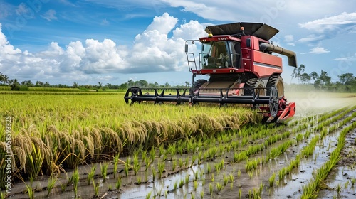 Combine Harvester Working in a Rice Field
