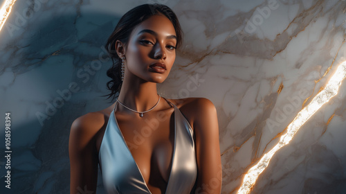 Stylish woman in minimalist gown with marble wall backdrop