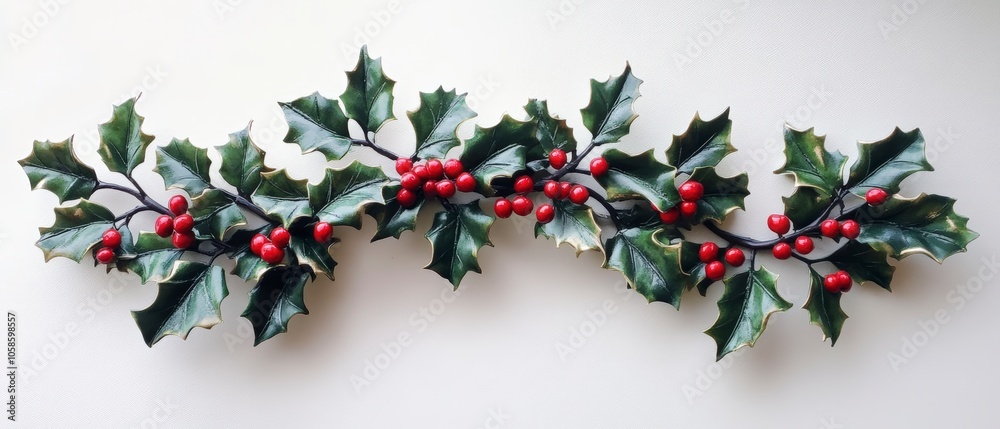 A decorative holly branch with glossy green leaves and bright red berries is photographed against a white background, showcasing traditional Christmas foliage. Generative AI A decorative holly branch with glossy green leaves and bright red berries is photographed against a white background, showcasing traditional Christmas foliage. Generative AI