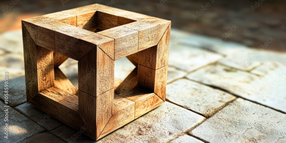 A wooden puzzle cube with geometric cutouts creates an architectural form with interesting shadows and angles, photographed on a textured stone surface. The crafted wooden structure. Generative AI A wooden puzzle cube with geometric cutouts creates an architectural form with interesting shadows and angles, photographed on a textured stone surface. The crafted wooden structure. Generative AI