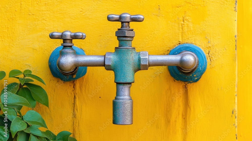 Old Water Tap on Yellow Wall Old Water Tap on Yellow Wall