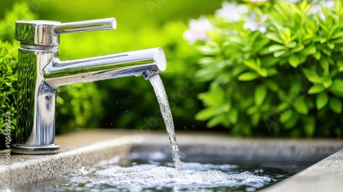 Outdoor Faucet with Running Water and Lush Greenery