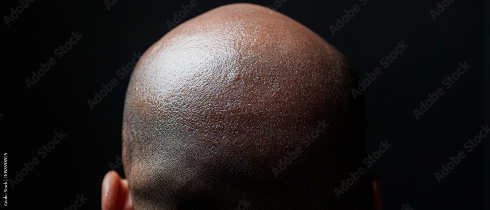 The texture and detail of a shaved head with beads of moisture, showing skin texture against a dark background. The close-up portrait with natural skin patterns and lighting effects. Generative AI The texture and detail of a shaved head with beads of moisture, showing skin texture against a dark background. The close-up portrait with natural skin patterns and lighting effects. Generative AI