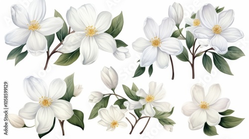 Delicate white flowers set, watercolor hand-drawn vector illustration of elegant floral arrangements, soft and detailed blooming petals, perfect for wedding invitations, home decor, and seasonal desig