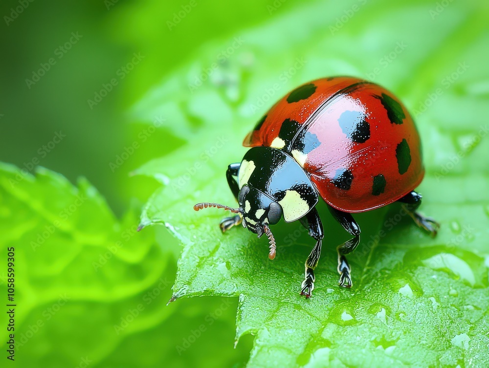 Vibrant ladybug perched on a lush green leaf with raindrops glistening under sunlight Vibrant ladybug perched on a lush green leaf with raindrops glistening under sunlight