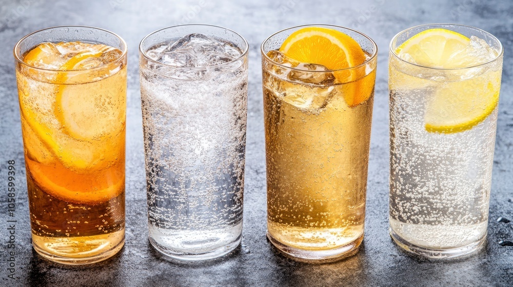 Four Glasses of Sparkling Drinks with Citrus Fruit Garnishes