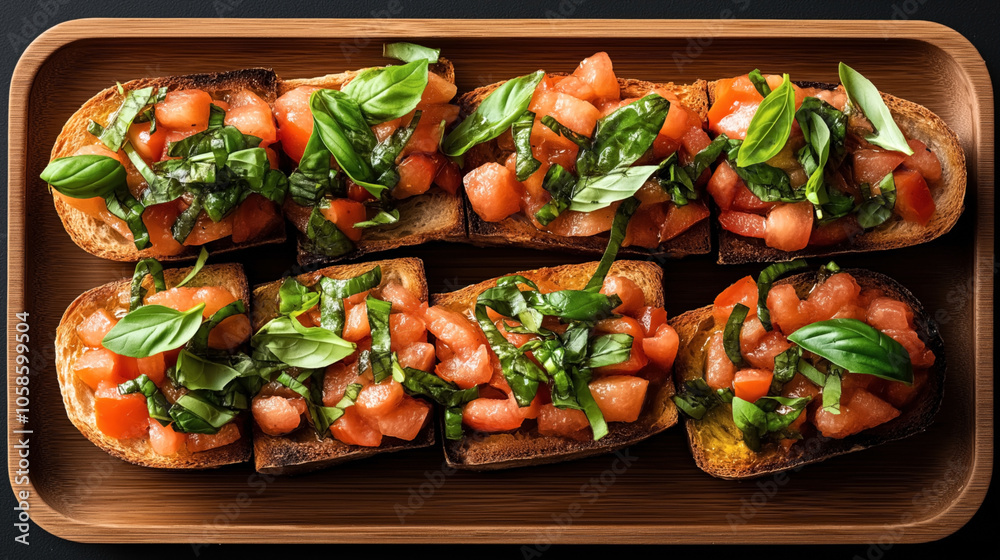 Six pieces of bruschetta topped with diced tomatoes and fresh basil leaves on a wooden serving tray.