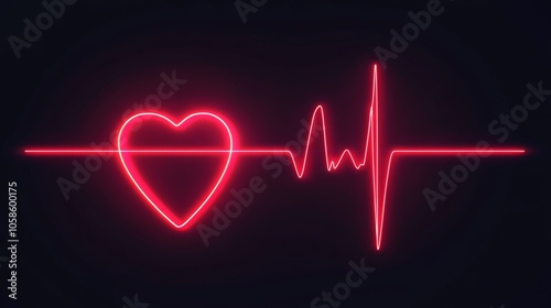 Red neon heart pulse monitor with signal. Heartbeat line, flat EKG trace. Medical and health concept. 