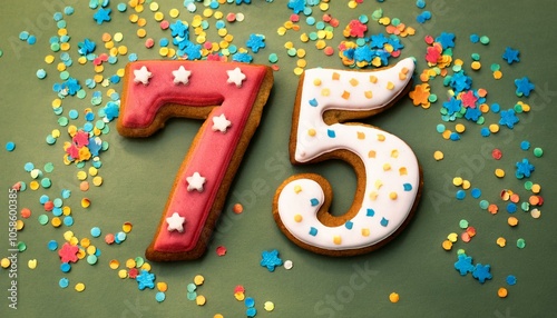 Decorated cookie, number 75, image for birthday or anniversary celebration photo