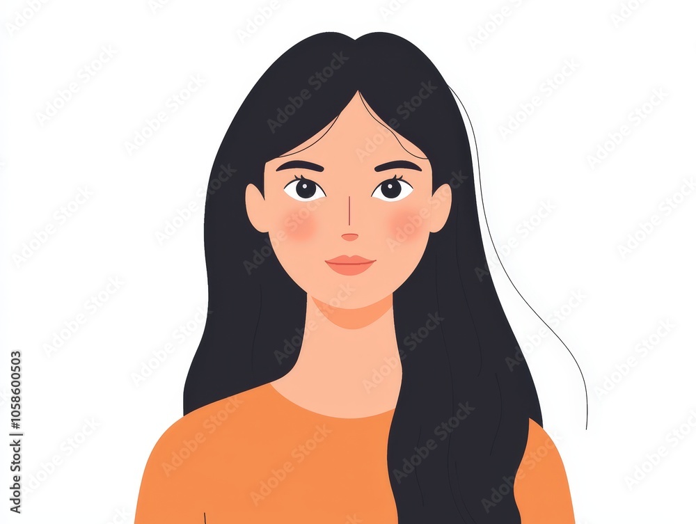 Young woman with long black hair in an orange top, smiling warmly against a white backdrop Young woman with long black hair in an orange top, smiling warmly against a white backdrop